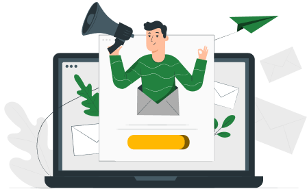 cartoon rendering of man holding megaphone coming out of laptop screen
