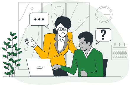 cartoon rendering of two business people collaborating over a laptop