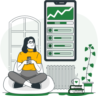 cartoon rendering of woman sitting holding mobile device with enlarged screen of data behind her