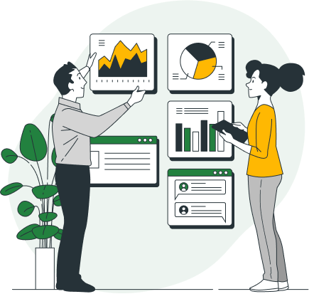 cartoon rendering of colleagues correcting data graphs and records